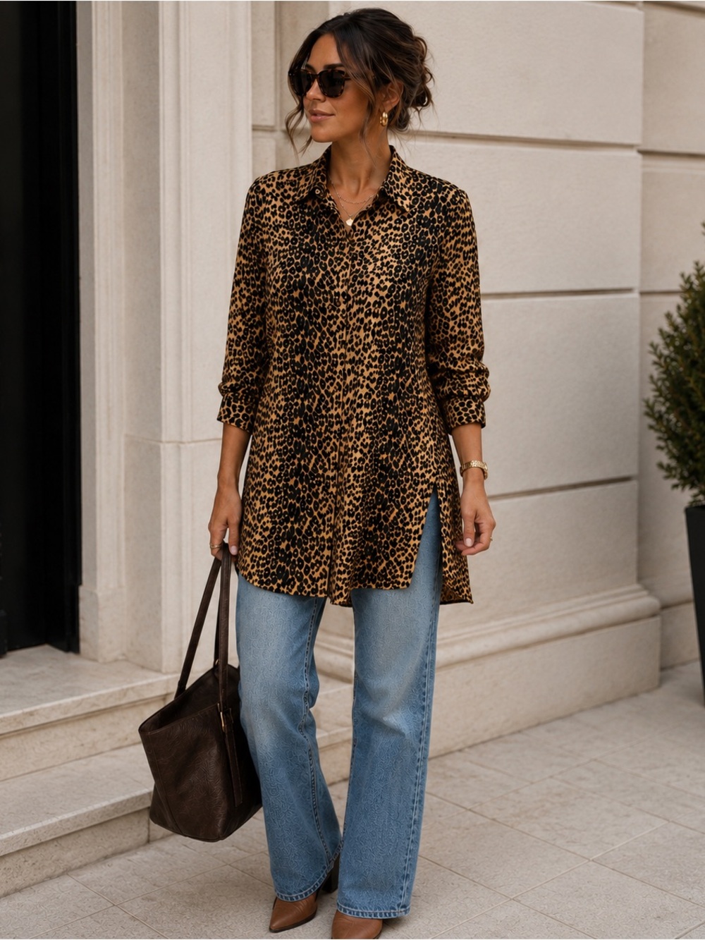 Y2K Vintage Leopard Print 100% Silk Button Front Tunic Blouse Petite Small EUC